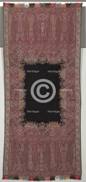 Long Shawl with Black Center and Exotic Four-Sided Gallery in Chinoiserie Style, 1840s. Creator: Unknown.