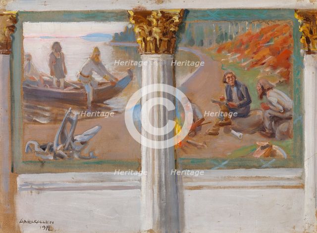 Lönnrot and poetry singers, sketch for a wall painting in the banquet hall of the University...,1912 Creator: Akseli Gallen-Kallela.