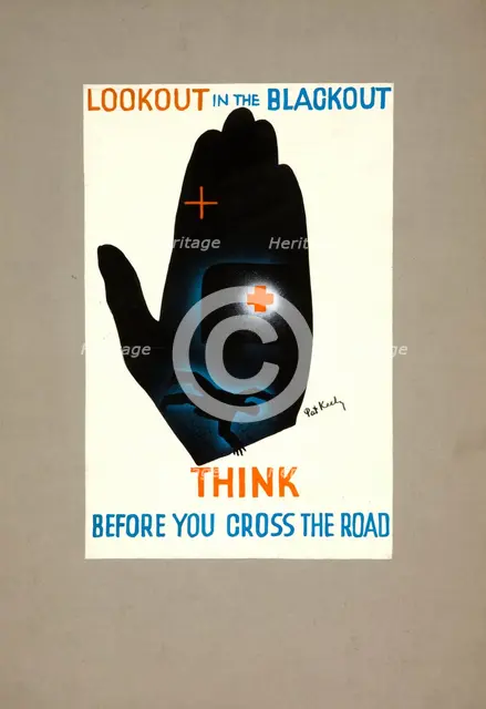 'Lookout in the blackout. Think before you cross the road', WWII poster, between 1939 and 1946. Creators: Central Office of Information, Patrick Keely.