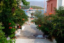 Looking towards the waterfront, Fiskardo, Kefalonia, Greece. Creator: Peter Thompson