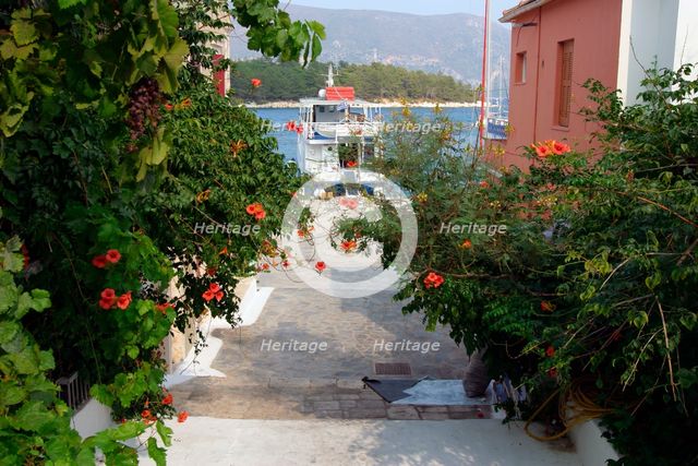Looking towards the waterfront, Fiskardo, Kefalonia, Greece. Creator: Peter Thompson.