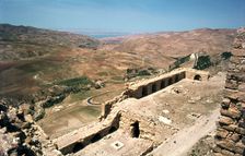 Looking towards the Dead Sea from the castle of Kerak, Jordan. Creator: Vivienne Sharp