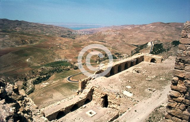 Looking towards the Dead Sea from the castle of Kerak, Jordan. Creator: Vivienne Sharp.