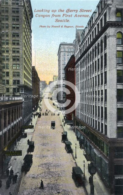 Looking up the Cherry Street canyon from First Avenue, Seattle, Washington, USA, 1911. Artist: Unknown