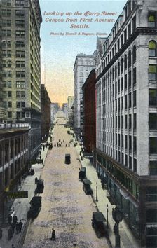 Looking up the Cherry Street canyon from First Avenue, Seattle, Washington, USA, 1911