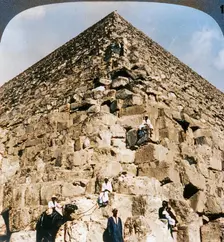 Looking up the northeast corner of the Great Pyramid, Egypt 1905. Creator: Underwood & Underwood