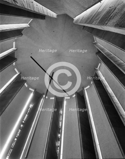 Looking up towards the ceiling in the Chapel of Unity at Coventry Cathedral, 1962.  Creator: John Laing plc.