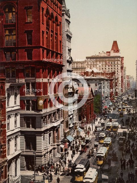 Looking up Broadway from Dey Street, New York City, ca 1900. Creator: Unknown.