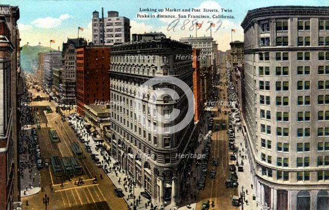 Looking up Market and Post Streets, San Francisco, California, USA, 1922. Artist: Unknown