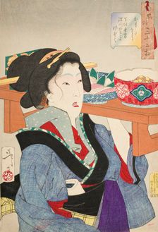 Looking Weighed Down: The Manner of a Waitress at Fukagawa in the Tenpo Era..., 1888. Creator: Tsukioka Yoshitoshi
