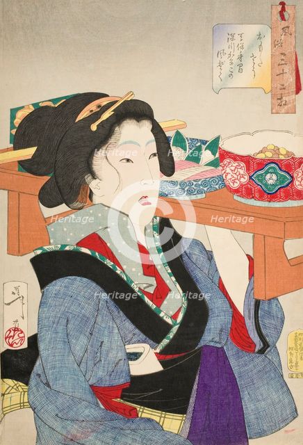 Looking Weighed Down: The Manner of a Waitress at Fukagawa in the Tenpo Era..., 1888. Creator: Tsukioka Yoshitoshi.