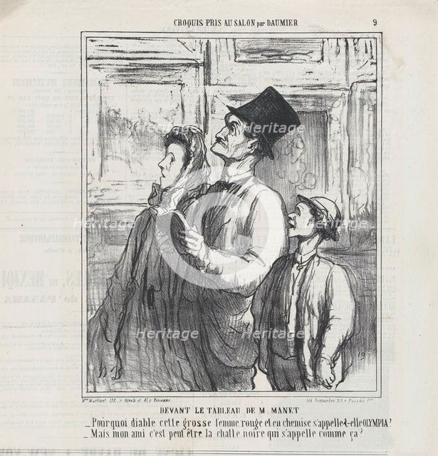 Looking at a Manet painting, from "Sketches from the Salon". Le Charivari, June 19, 1865 Creator: Honore Daumier.