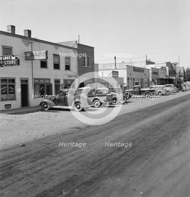 Looking down main street of a frontier town..., Tulelake, Siskiyou County, California, 1939. Creator: Dorothea Lange.