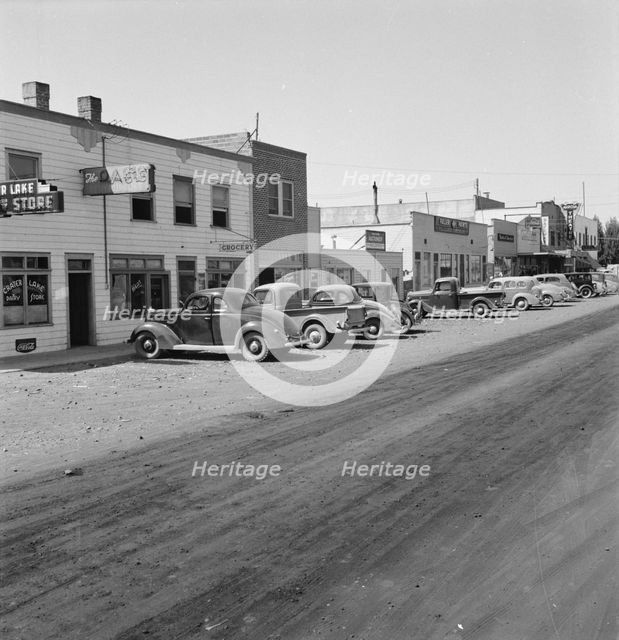 Looking down main street of a frontier town..., Tulelake, Siskiyou County, California, 1939. Creator: Dorothea Lange.