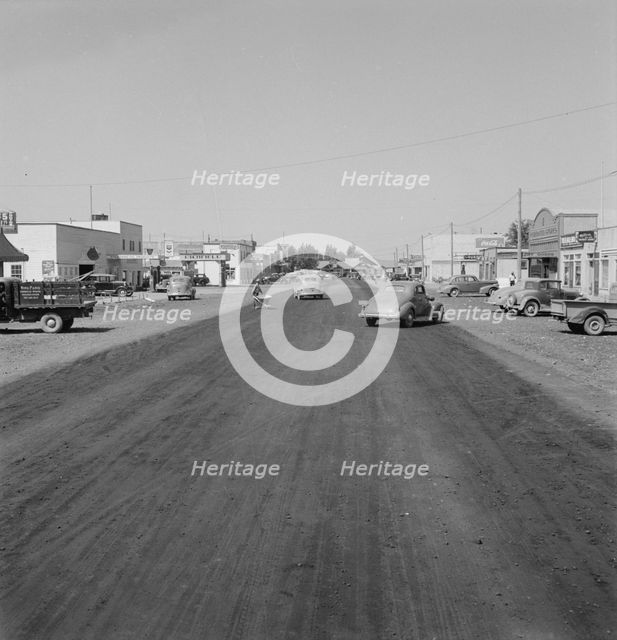 Looking down main street of a frontier town..., Tulelake, Siskiyou County, CA, 1939. Creator: Dorothea Lange.