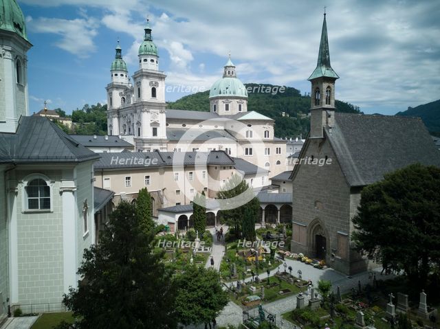 Looking down onto the Cathedral of Saints Rupert and Vergilius, Salzburg, Austria, 2022. Creator: Ethel Davies.