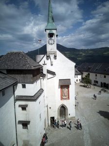 Looking down onto the Chapel and square in the Festung Hohensalzburg, 2022. Creator: Ethel Davies