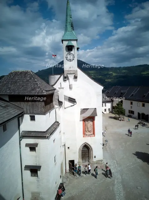Looking down onto the Chapel and square in the Festung Hohensalzburg, 2022. Creator: Ethel Davies.