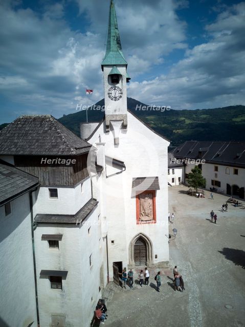 Looking down onto the Chapel and square in the Festung Hohensalzburg, 2022. Creator: Ethel Davies.