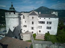 Looking down onto the turret and interior of the Festung Hohensalzburg, 2022. Creator: Ethel Davies