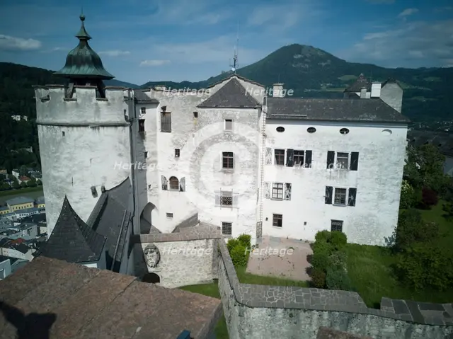 Looking down onto the turret and interior of the Festung Hohensalzburg, 2022. Creator: Ethel Davies.