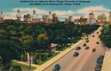Looking East on Lafayette Street, Tampa University and skyline, Tampa, Florida c1940s