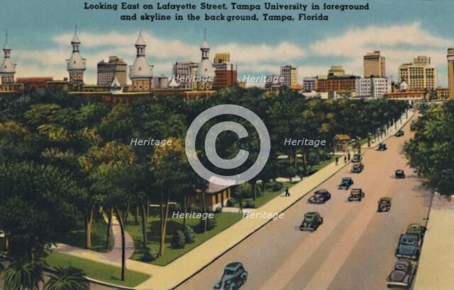 'Looking East on Lafayette Street, Tampa University and skyline, Tampa, Florida', c1940s. Artist: Unknown.