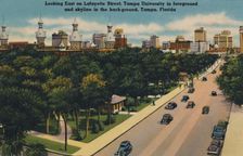 Looking East on Lafayette Street, Tampa University and skyline, Tampa, Florida c1940s