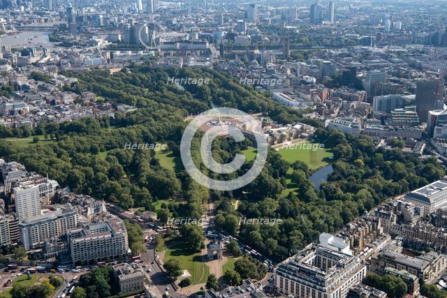 Looking east from Wellington Arch along Constitution Hill to the London Eye and Thames, London, 2021 Creator: Damian Grady.
