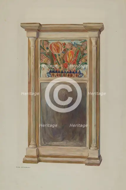 Looking Glass with Decorated Glass Panel, c. 1939. Creator: Carl Strehlau.