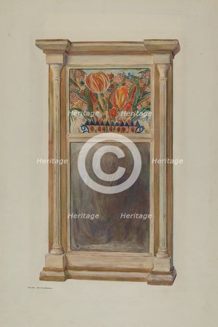 Looking Glass with Decorated Glass Panel, c. 1939. Creator: Carl Strehlau.