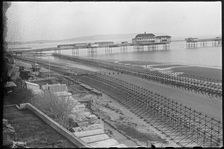 Looking north-east over the beach at Shanklin, showing Admiralty scaffolding, Isle Of Wight, 1945. Creator: George R Long