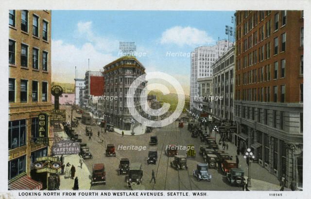 Looking north from Fourth and Westlake Avenues, Seattle, Washington, USA, 1928. Artist: Unknown