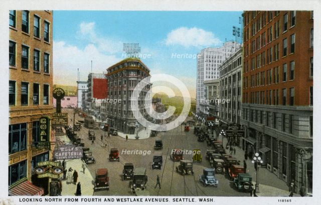 Looking north from Fourth and Westlake Avenues, Seattle, Washington, USA, 1928. Artist: Unknown