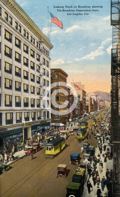 Looking North on Broadway showing the Broadway Department Store, Los Angeles, California. Artist: Unknown