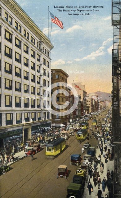 Looking North on Broadway showing the Broadway Department Store, Los Angeles, California. Artist: Unknown