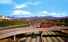 Looking north on Harbor Freeway, Los Angeles, California, USA, 1956