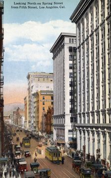 Looking north on Spring Street from 5th Street, Los Angeles, California, USA, 1915
