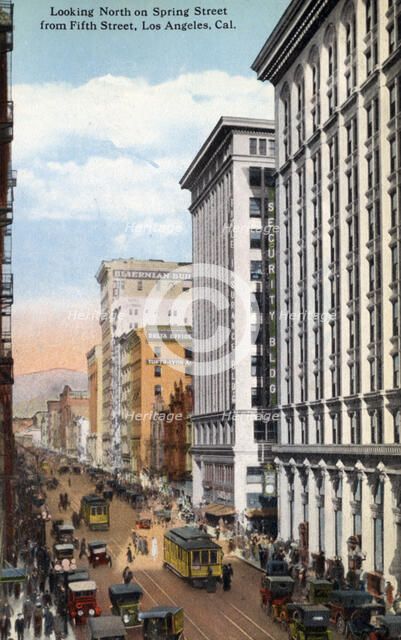 Looking north on Spring Street from 5th Street, Los Angeles, California, USA, 1915. Artist: Unknown