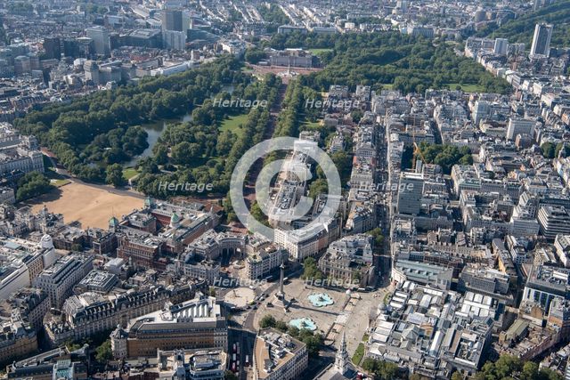 Looking south west from Trafalgar Square towards Buckingham Palace, St James, London, 2021. Creator: Damian Grady.