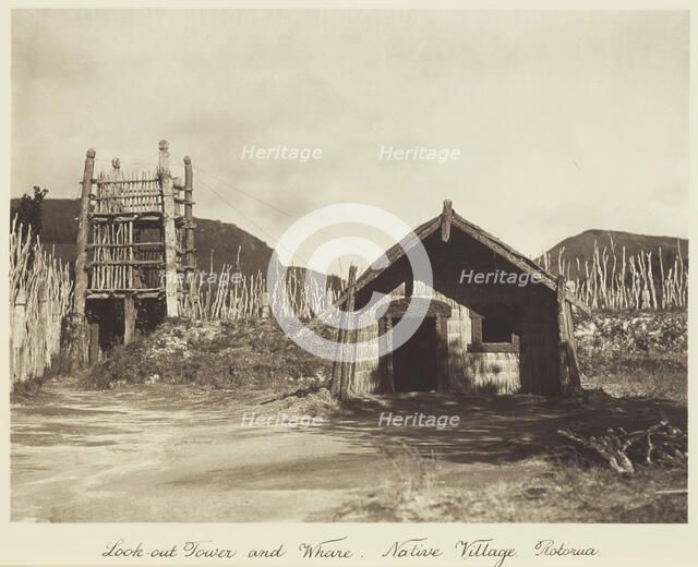 Look-out tower and whare, native village, Rotorua, 1920s. Creator: Harry Moult.