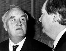 Lord William Whitelaw (1918-1999) with Lord Bethell (1922-2001), British politicians, 1989