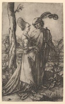 Lord and lady walking with figure of death hiding behind a tree, holding an hourg..., ca. 1500-1534. Creator: Marcantonio Raimondi