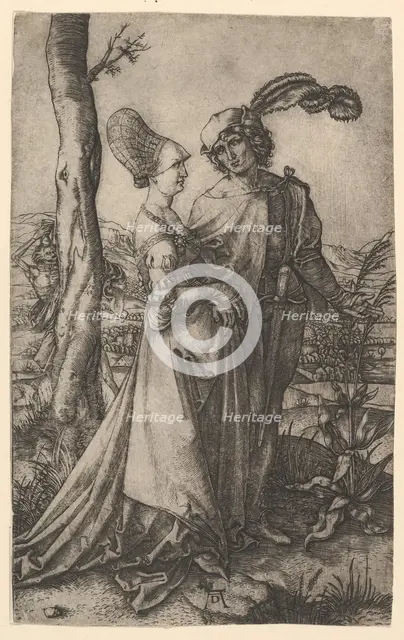 Lord and lady walking with figure of death hiding behind a tree, holding an hourg..., ca. 1500-1534. Creator: Marcantonio Raimondi.
