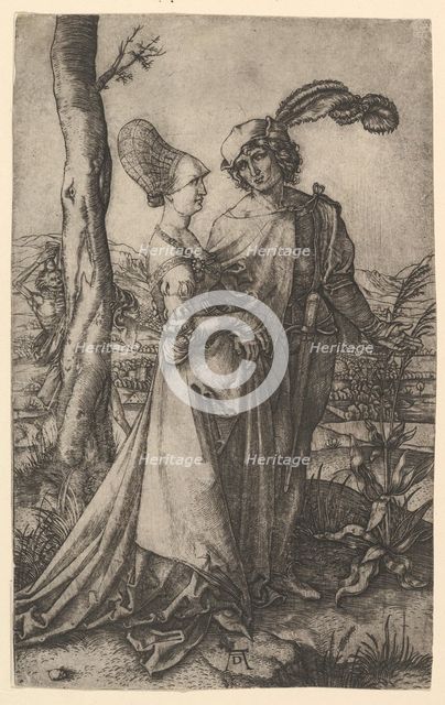 Lord and lady walking with figure of death hiding behind a tree, holding an hourg..., ca. 1500-1534. Creator: Marcantonio Raimondi.