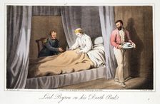 Lord Byron on his death bed, pub. 1825. Creator: Robert Seymour (1798 - 1836)