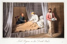 Lord Byron on his death bed, pub. 1825. Creator: Robert Seymour (1798 - 1836)