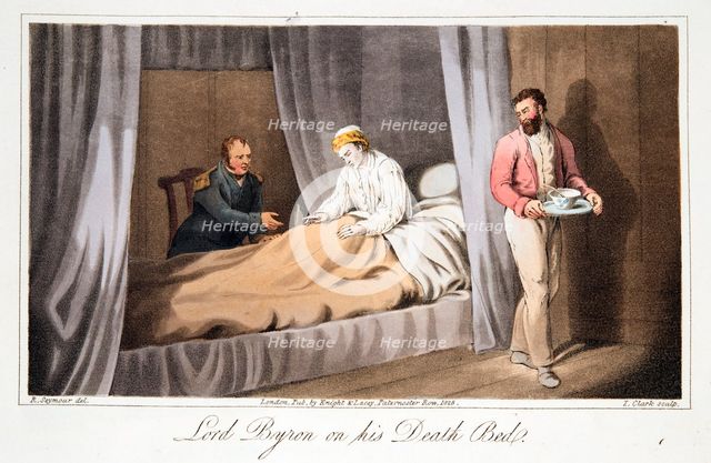 Lord Byron on his death bed, pub. 1825. Creator: Robert  Seymour (1798 - 1836).