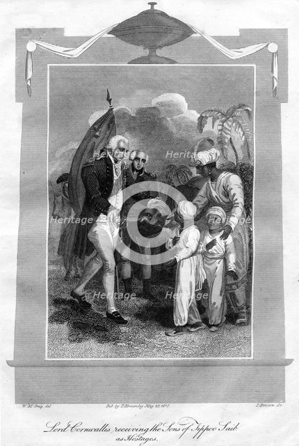 Lord Cornwallis (1738-1805) receiving the sons of Tippoo Saib as hostages, 1816.Artist: I Brown