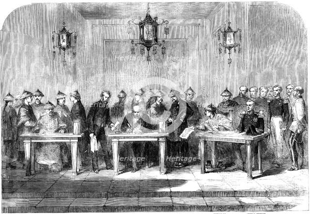 Lord Elgin signing the Treaty of Tainjin to end the Second Opium War, 1858. Artist: Unknown